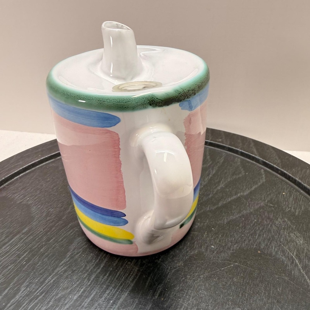 VTG Caleca Italy Hand Painted Ceramic olive oil Pitcher Stripes Spout Lid signed - Picture 2 of 8